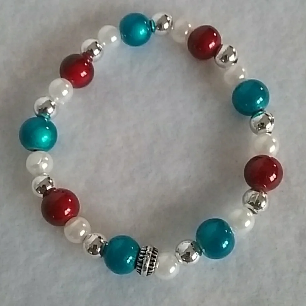 Red, white, blue, and silver beaded stretch bracelet